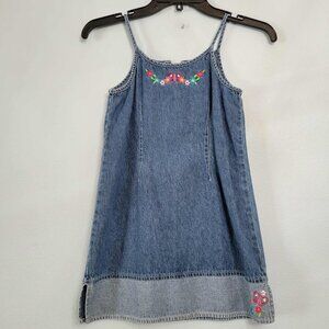 Vintage Blue Denim Dress Jumper Sleeveless Floral Embroidery Kids Girls Size 7/8